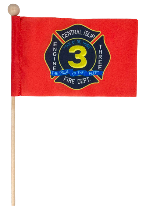 Custom stick flag on a wooden staff with a wooden ball top — supplier artwork example