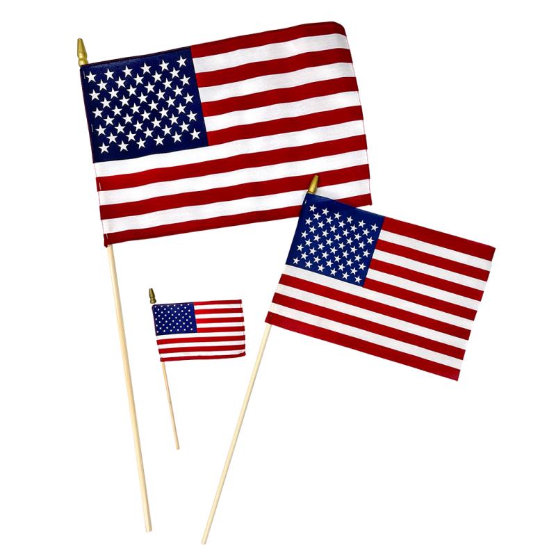 Miniature U.S. flags on natural wood staffs with gold spear tops