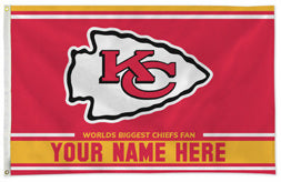 Kansas City Chiefs personalized flag — supplier design example; your approved text replaces YOUR NAME HERE
