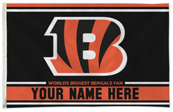 Cincinnati Bengals personalized flag — supplier design example; your approved text replaces YOUR NAME HERE