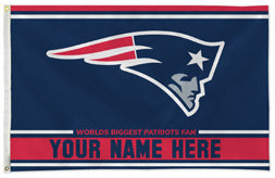 New England Patriots personalized flag — supplier design example; your approved text replaces YOUR NAME HERE