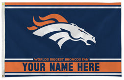 Denver Broncos personalized flag — supplier design example; your approved text replaces YOUR NAME HERE