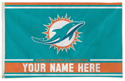 Miami Dolphins personalized flag — supplier design example; your approved text replaces YOUR NAME HERE