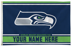Seattle Seahawks personalized flag — supplier design example; your approved text replaces YOUR NAME HERE