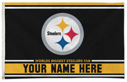 Pittsburgh Steelers personalized flag — supplier design example; your approved text replaces YOUR NAME HERE
