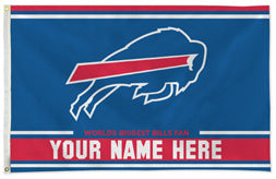 Buffalo Bills personalized flag — supplier design example; your approved text replaces YOUR NAME HERE