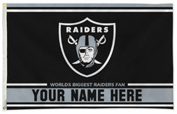 Las Vegas Raiders personalized flag — supplier design example; your approved text replaces YOUR NAME HERE