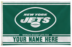 New York Jets personalized flag — supplier design example; your approved text replaces YOUR NAME HERE