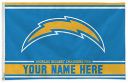 Los Angeles Chargers personalized flag — supplier design example; your approved text replaces YOUR NAME HERE