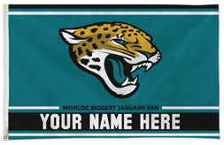 Jacksonville Jaguars personalized flag — supplier design example; your approved text replaces YOUR NAME HERE