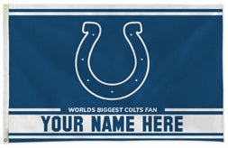 Indianapolis Colts personalized flag — supplier design example; your approved text replaces YOUR NAME HERE