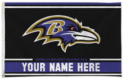 Baltimore Ravens personalized flag — supplier design example; your approved text replaces YOUR NAME HERE