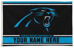 Carolina Panthers personalized flag — supplier design example; your approved text replaces YOUR NAME HERE