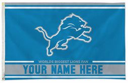 Detroit Lions personalized flag — supplier design example; your approved text replaces YOUR NAME HERE