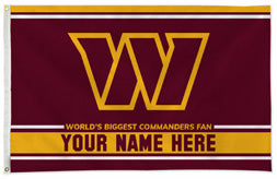Washington Commanders personalized flag — supplier design example; your approved text replaces YOUR NAME HERE