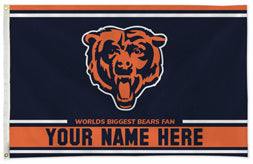 Chicago Bears personalized flag — supplier design example; your approved text replaces YOUR NAME HERE