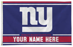 New York Giants personalized flag — supplier design example; your approved text replaces YOUR NAME HERE