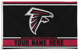 Atlanta Falcons personalized flag — supplier design example; your approved text replaces YOUR NAME HERE