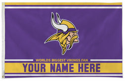 Minnesota Vikings personalized flag — supplier design example; your approved text replaces YOUR NAME HERE
