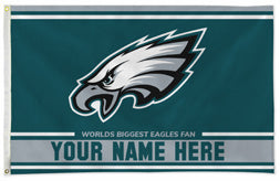 Philadelphia Eagles personalized flag — supplier design example; your approved text replaces YOUR NAME HERE