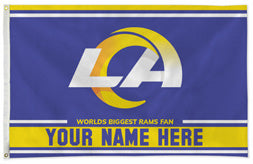 Los Angeles Rams personalized flag — supplier design example; your approved text replaces YOUR NAME HERE