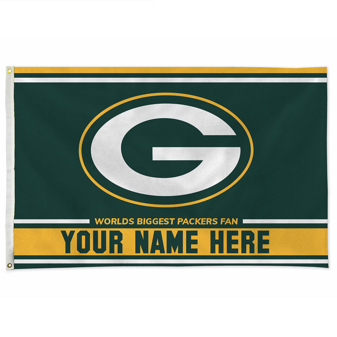 Green Bay Packers personalized flag — supplier design example; your approved text replaces YOUR NAME HERE