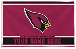 Arizona Cardinals personalized flag — supplier design example; your approved text replaces YOUR NAME HERE