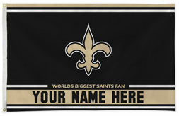 New Orleans Saints personalized flag — supplier design example; your approved text replaces YOUR NAME HERE