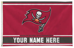 Tampa Bay Buccaneers personalized flag — supplier design example; your approved text replaces YOUR NAME HERE