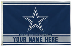 Dallas Cowboys personalized flag — supplier design example; your approved text replaces YOUR NAME HERE