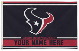 Houston Texans personalized flag — supplier design example; your approved text replaces YOUR NAME HERE