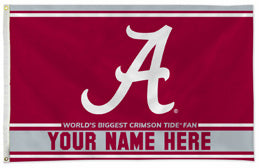 Alabama Crimson Tide personalized flag — supplier design example; your approved text replaces YOUR NAME HERE