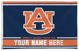 Auburn Tigers personalized flag — supplier design example; your approved text replaces YOUR NAME HERE
