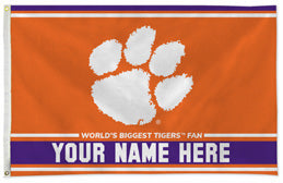 Clemson Tigers personalized flag — supplier design example; your approved text replaces YOUR NAME HERE