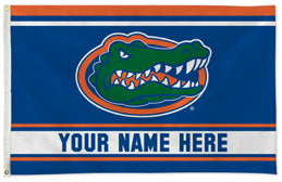 Florida Gators personalized flag — supplier design example; your approved text replaces YOUR NAME HERE