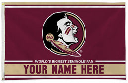 Florida State Seminoles personalized flag — supplier design example; your approved text replaces YOUR NAME HERE