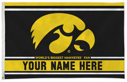Iowa Hawkeyes personalized flag — supplier design example; your approved text replaces YOUR NAME HERE