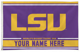 LSU Tigers personalized flag — supplier design example; your approved text replaces YOUR NAME HERE