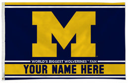 Michigan Wolverines personalized flag — supplier design example; your approved text replaces YOUR NAME HERE