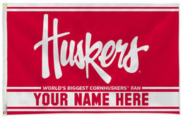 Nebraska Cornhuskers personalized flag — supplier design example; your approved text replaces YOUR NAME HERE