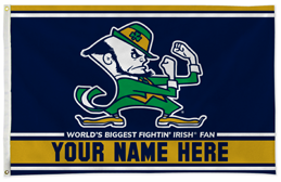 Notre Dame Fighting Irish personalized flag — supplier design example; your approved text replaces YOUR NAME HERE