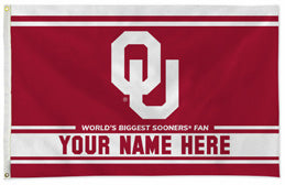 Oklahoma Sooners personalized flag — supplier design example; your approved text replaces YOUR NAME HERE