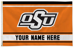 Oklahoma State Cowboys personalized flag — supplier design example; your approved text replaces YOUR NAME HERE