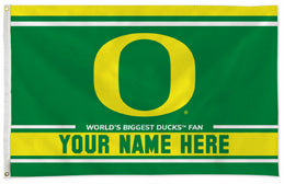 Oregon Ducks personalized flag — supplier design example; your approved text replaces YOUR NAME HERE