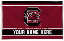South Carolina Gamecocks personalized flag — supplier design example; your approved text replaces YOUR NAME HERE