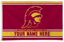 Southern California Trojans personalized flag — supplier design example; your approved text replaces YOUR NAME HERE