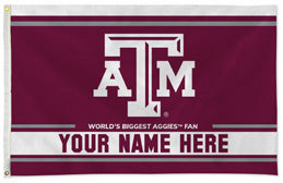 Texas A&M Aggies personalized flag — supplier design example; your approved text replaces YOUR NAME HERE