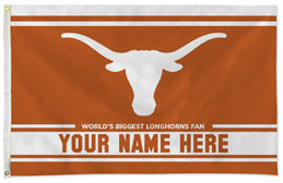 Texas Longhorns personalized flag — supplier design example; your approved text replaces YOUR NAME HERE