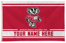 Wisconsin Badgers personalized flag — supplier design example; your approved text replaces YOUR NAME HERE